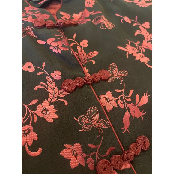 Vintage Asian Shirt Medium Silk Floral Butterfly Traditional Chinese - Picture 7 of 11